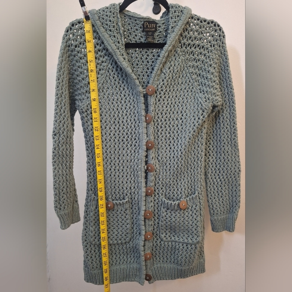 Pure Handknit Brand Women's Kneelength Hooded Cotton Cardigan in Sage Green S/m